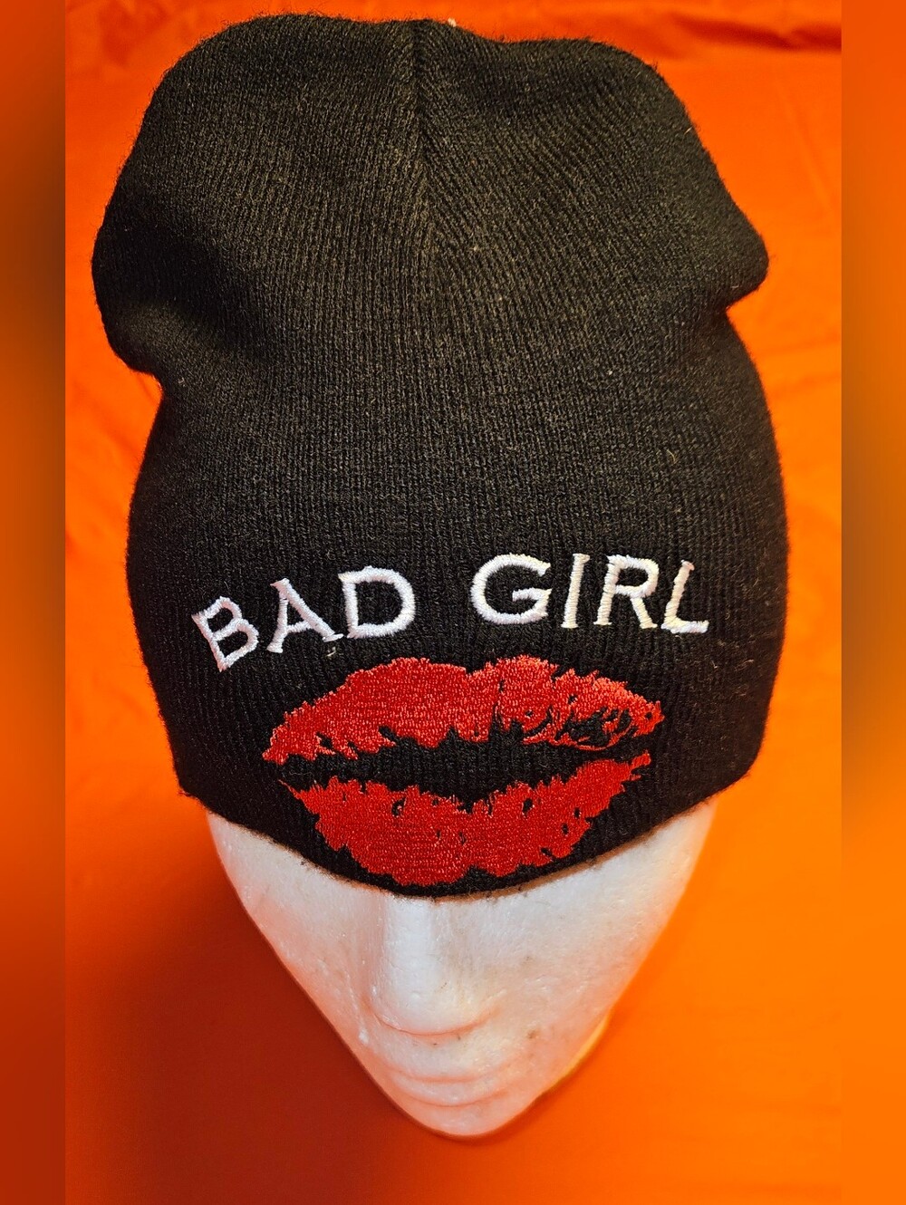 Beach Club Promotions "Bad Girl" Embroidered Beanie Black w/Red Lip Graphic